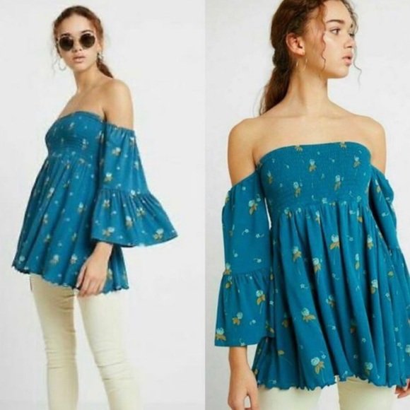 Free People Lana Floral Tunic Off Shoulder Smocked Bohemian Flowy Bell Sleeves - Picture 6 of 9